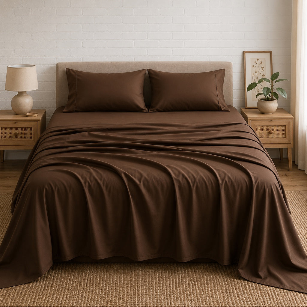 Draps 4 pièces marron chocolat - vue de face