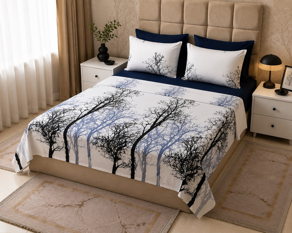 Draps 6 pièces motif arbres bleu et blanc - vue angle