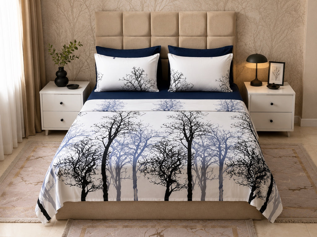 Draps 6 pièces motif arbres bleu et blanc - vue de face