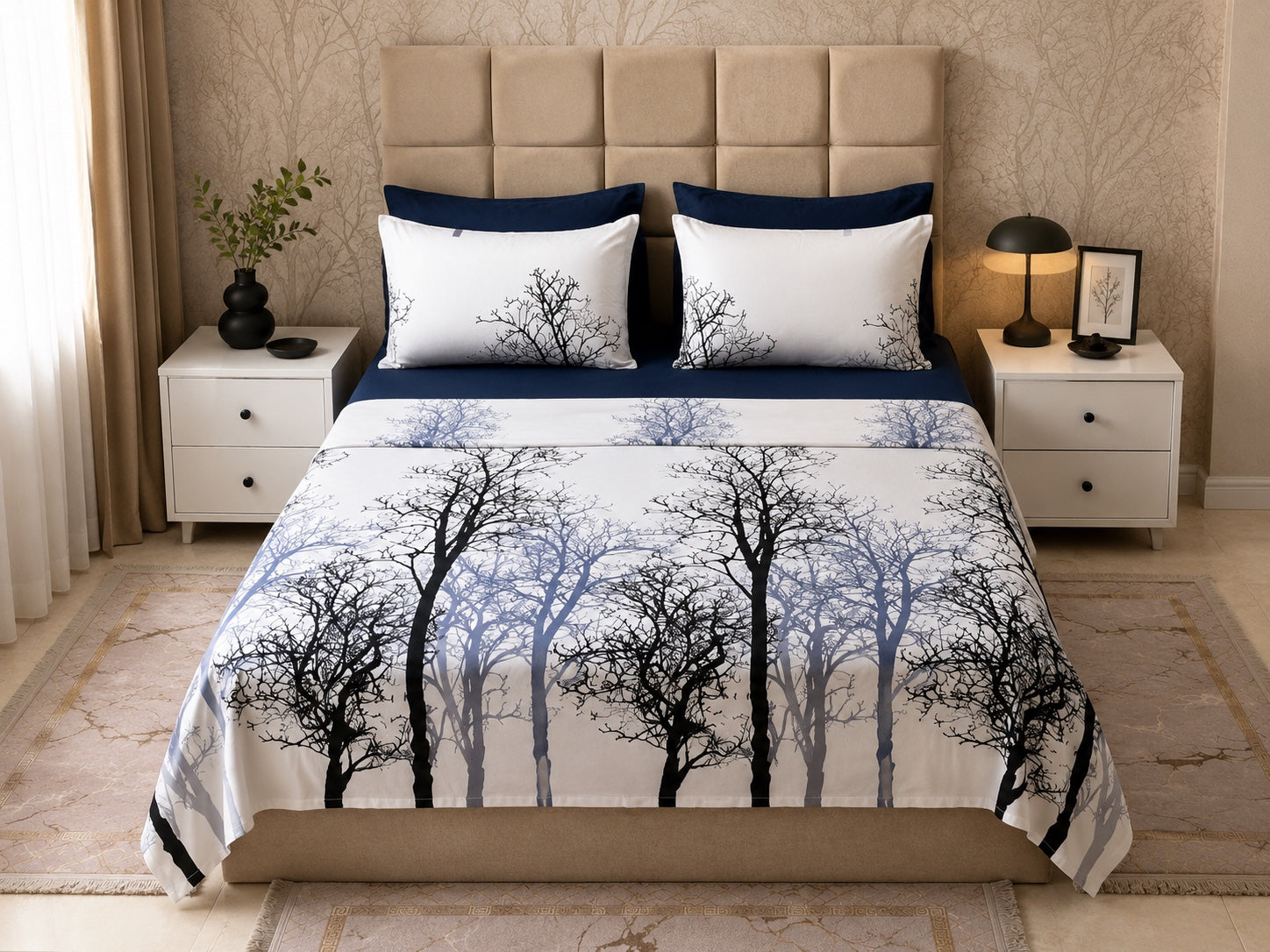 Draps 6 pièces motif arbres bleu et blanc - vue de face