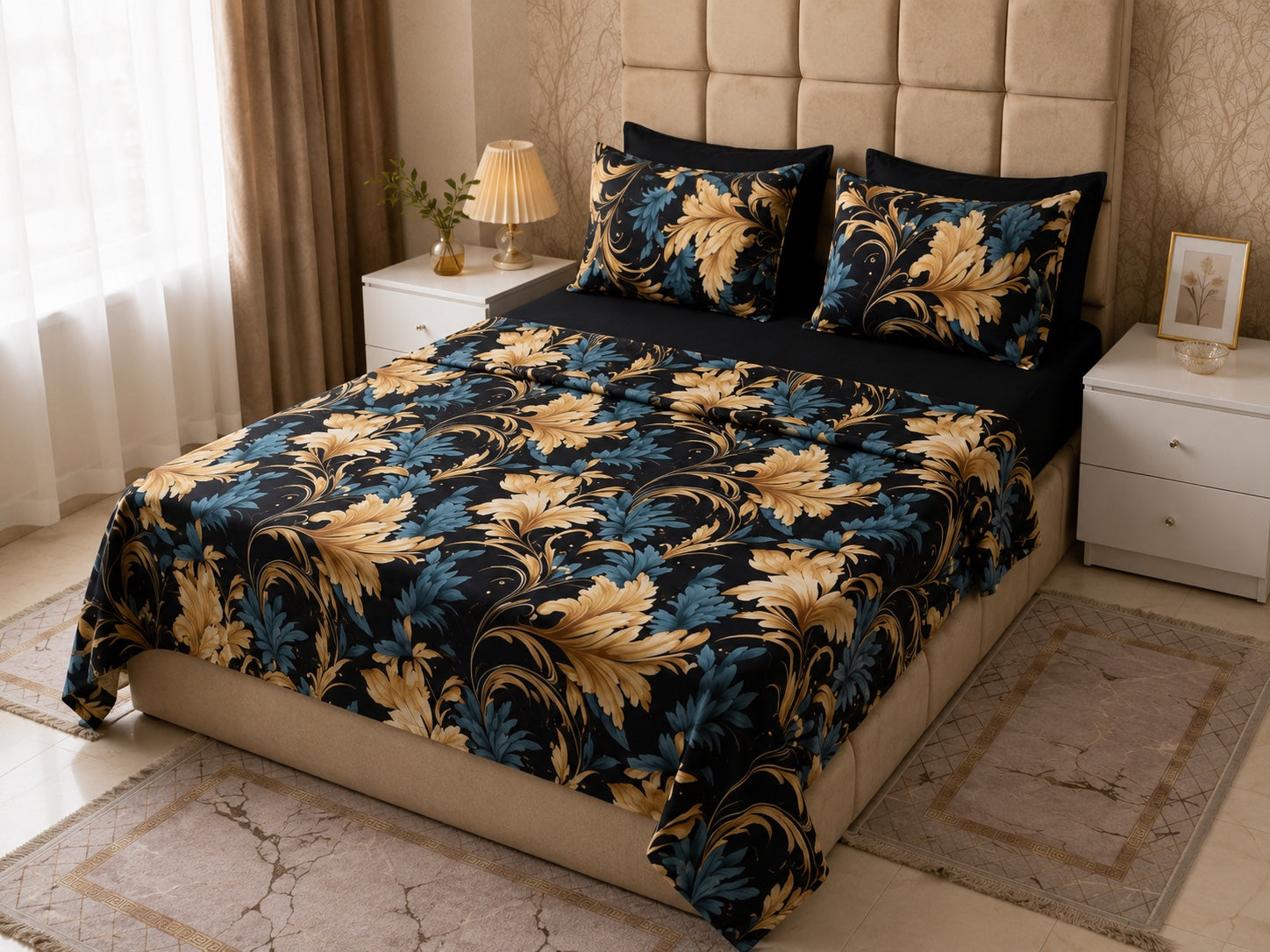 Draps 6 pièces baroque noir or et bleu - vue angle