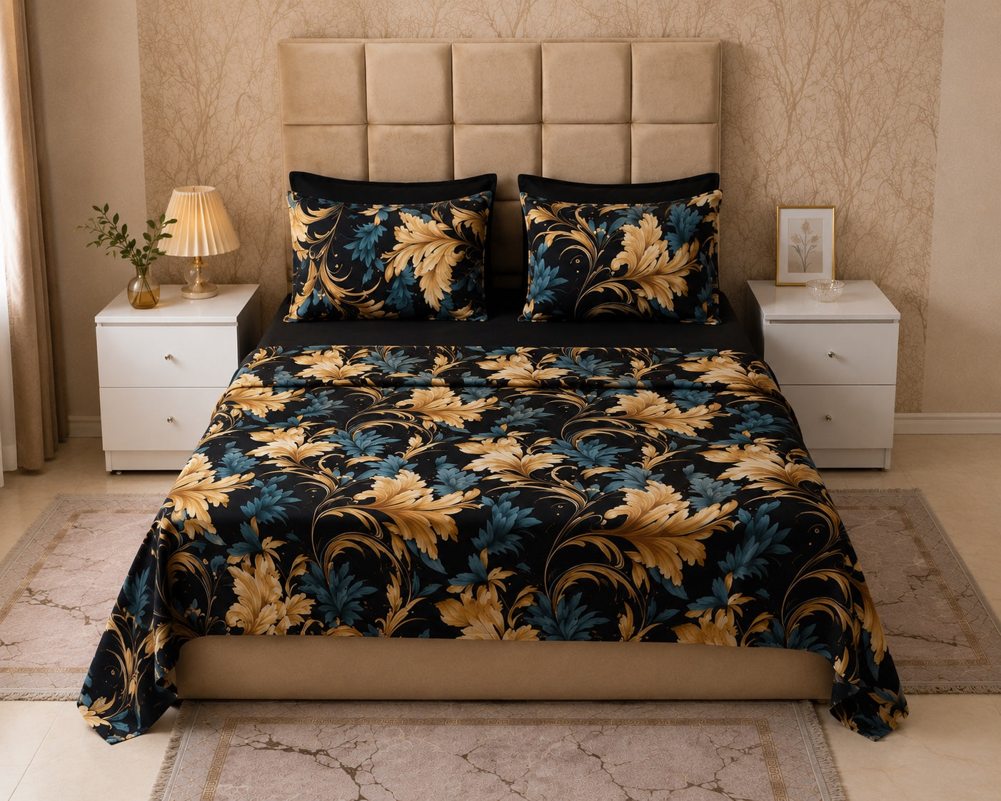 Draps 6 pièces baroque noir or et bleu - vue de face