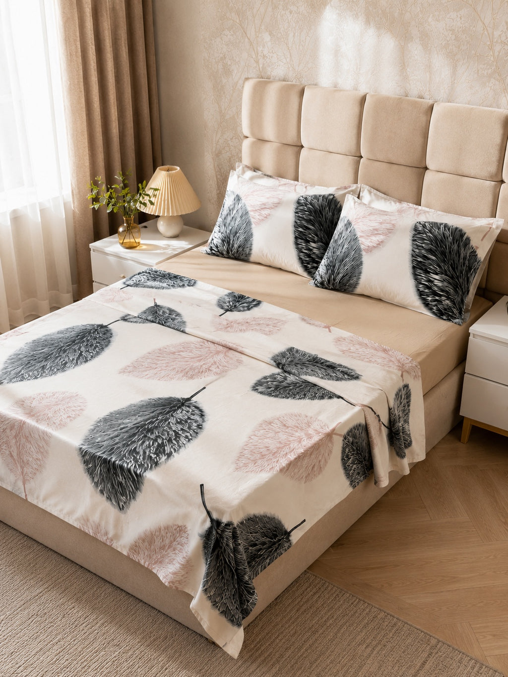 Draps 6 pièces motif feuilles rose et noir - vue angle