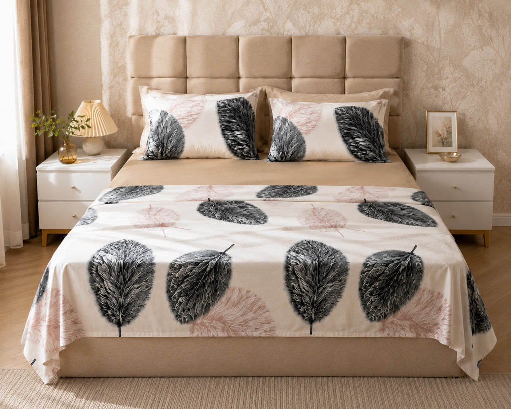 Draps 6 pièces motif feuilles rose et noir - vue de face
