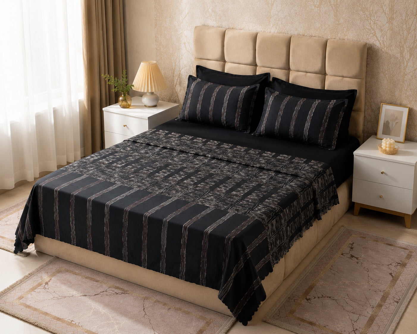 Draps 6 pièces noir graphique - vue angle