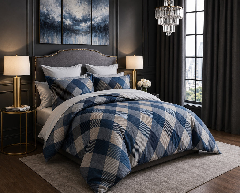 Couvre-lit Mila TR115 bleu géométrique - vue angle